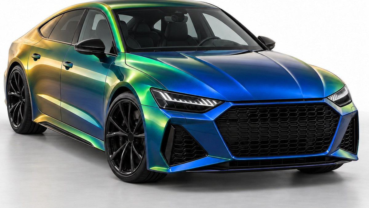 Car wrapped in HIGHCOOL Chameleon Blue Green Gold Color PPF, studio rendering