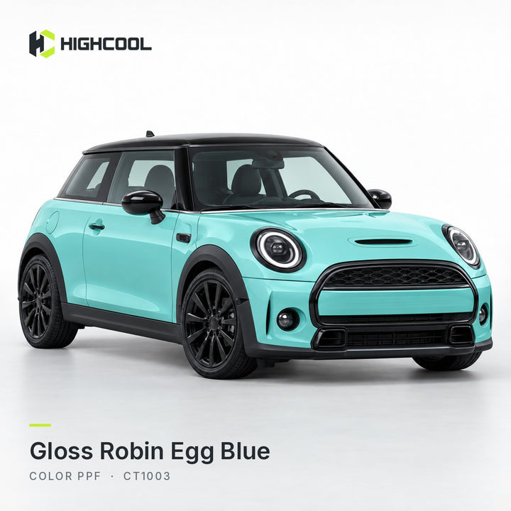 HIGHCOOL Gloss Robin Egg Blue Color PPF (CT1003) on a car, studio rendering