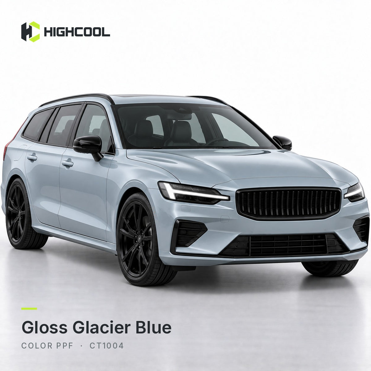 HIGHCOOL Gloss Glacier Blue Color PPF (CT1004) on a car, studio rendering