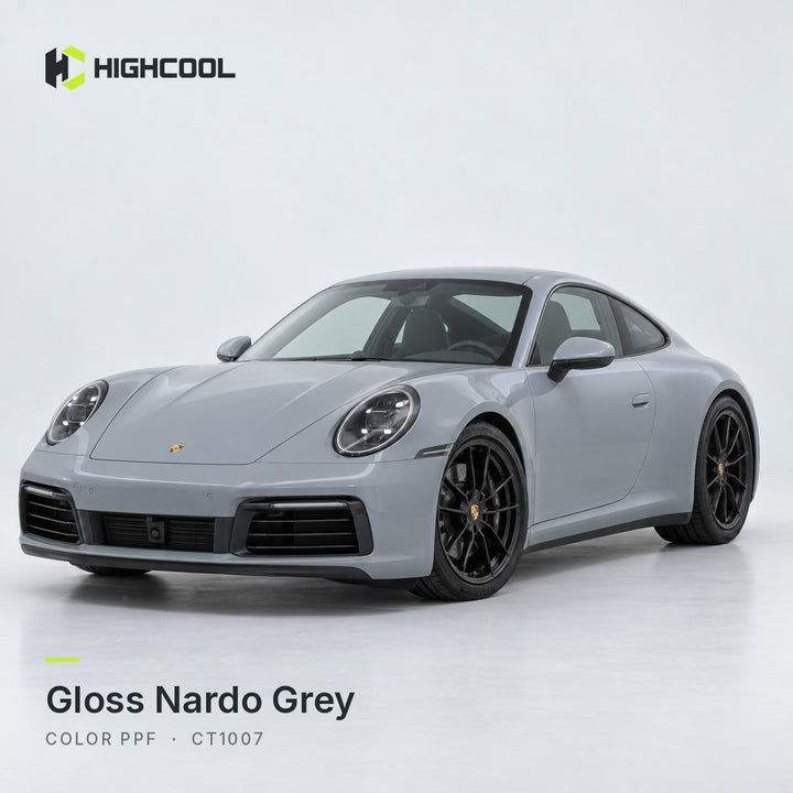 HIGHCOOL Gloss Nardo Grey Color PPF (CT1007) on a car, studio rendering