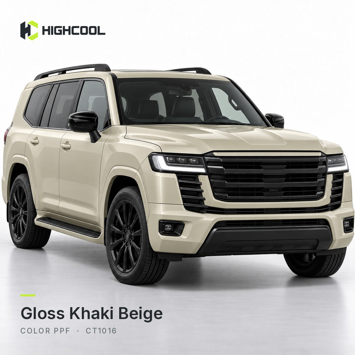 HIGHCOOL Gloss Khaki Beige Color PPF (CT1016) on a car, studio rendering