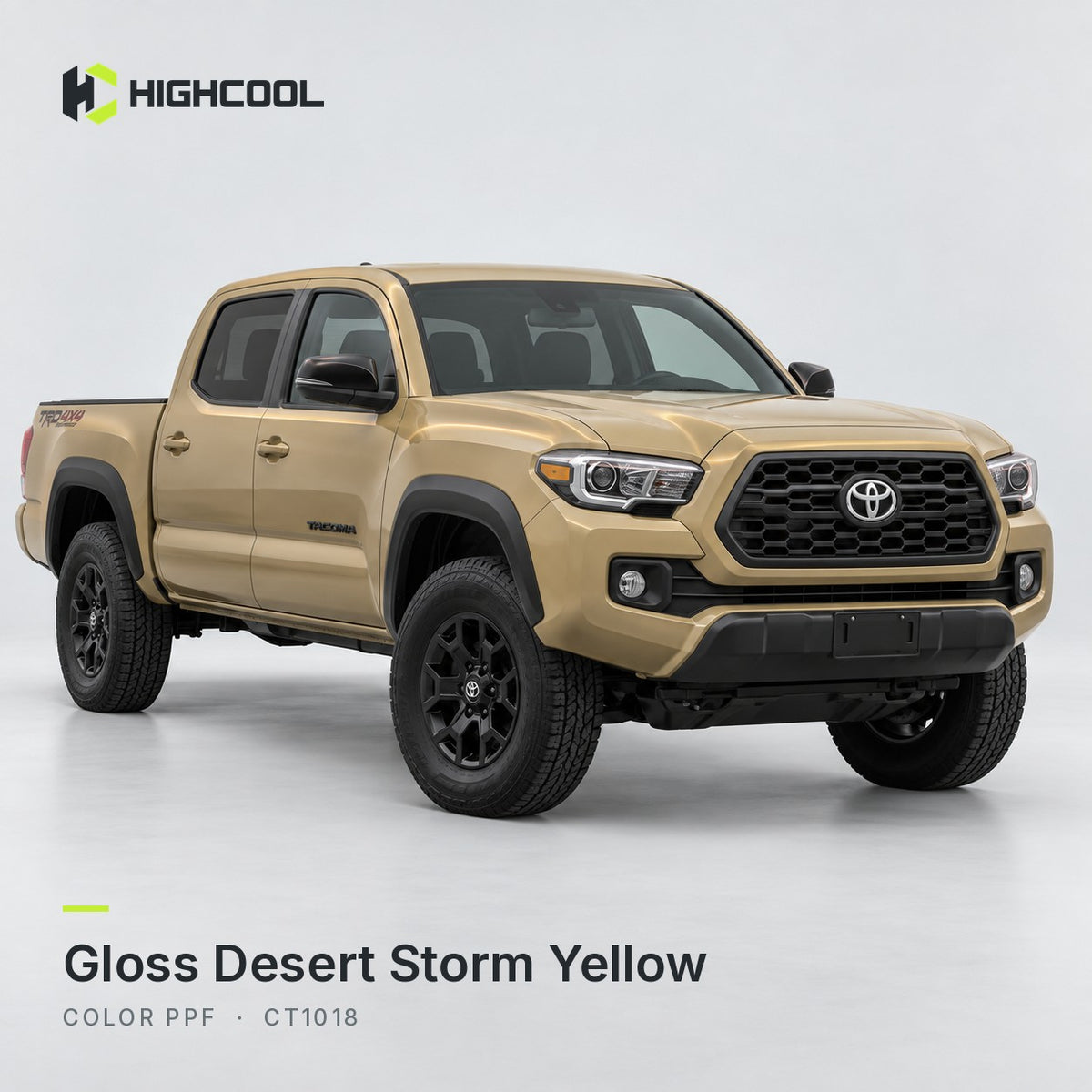 HIGHCOOL Gloss Desert Storm Yellow Color PPF (CT1018) on a car, studio rendering