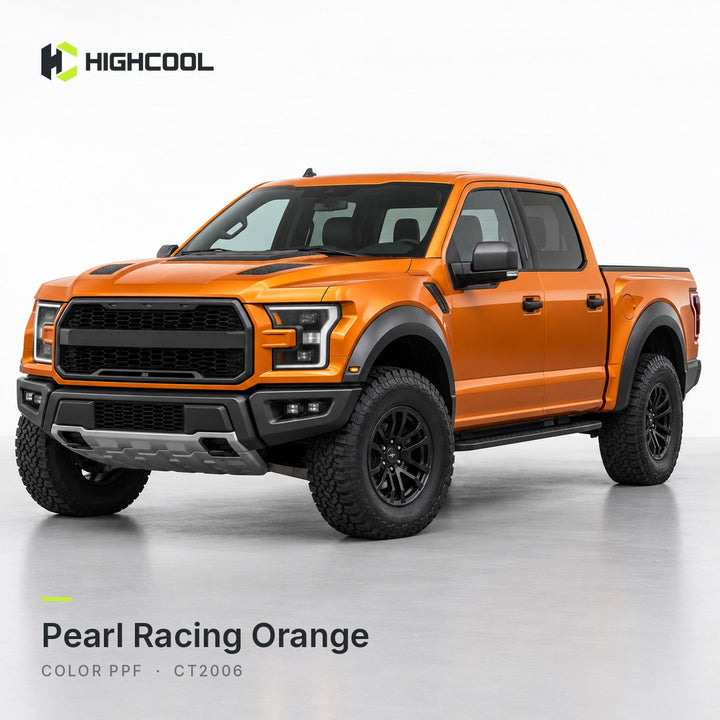 HIGHCOOL Pearl Racing Orange Color PPF (CT2006) on a car, studio rendering