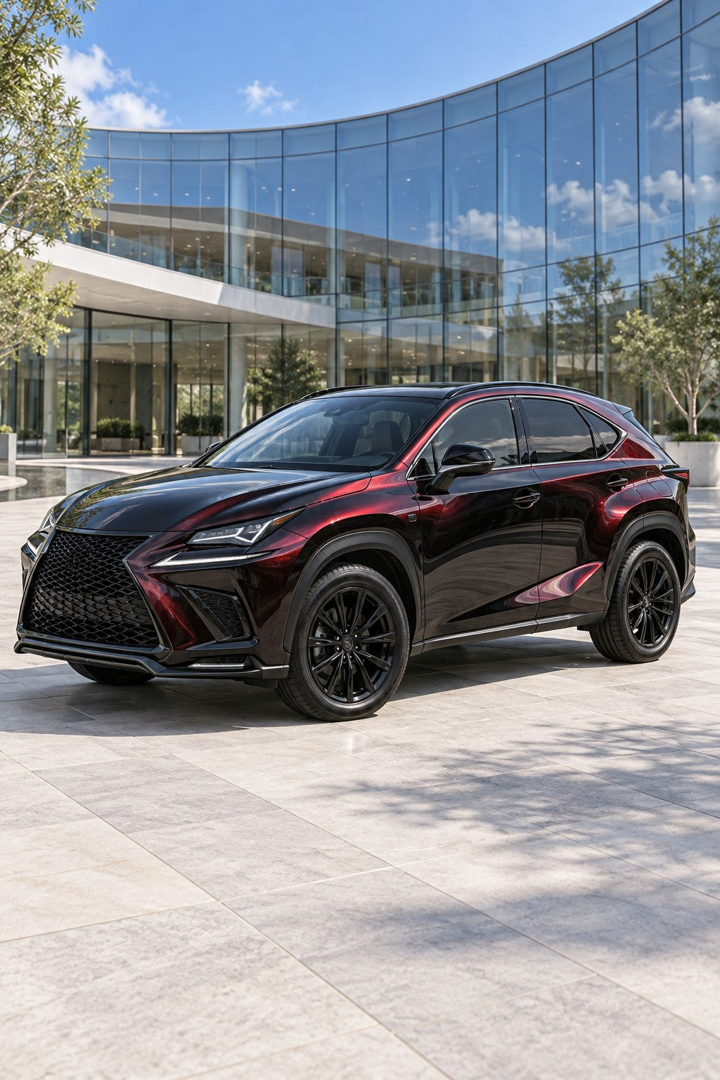 HIGHCOOL Pearl Flowing Black Red Shift Color PPF, rendering of a wrapped car on location
