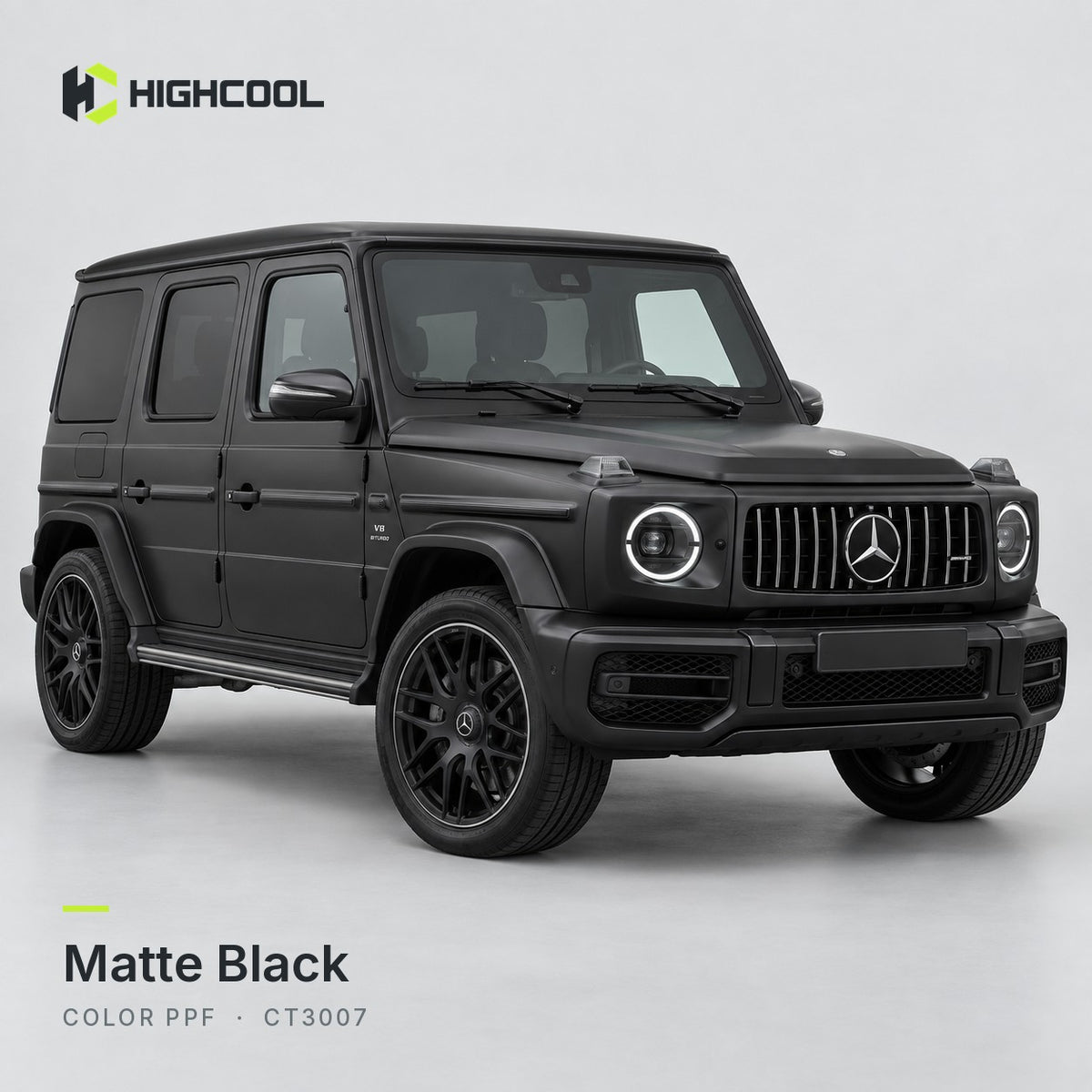 HIGHCOOL Matte Black Color PPF (CT3007) on a car, studio rendering