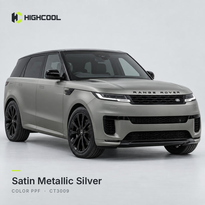HIGHCOOL Satin Metallic Silver Color PPF (CT3009) on a car, studio rendering