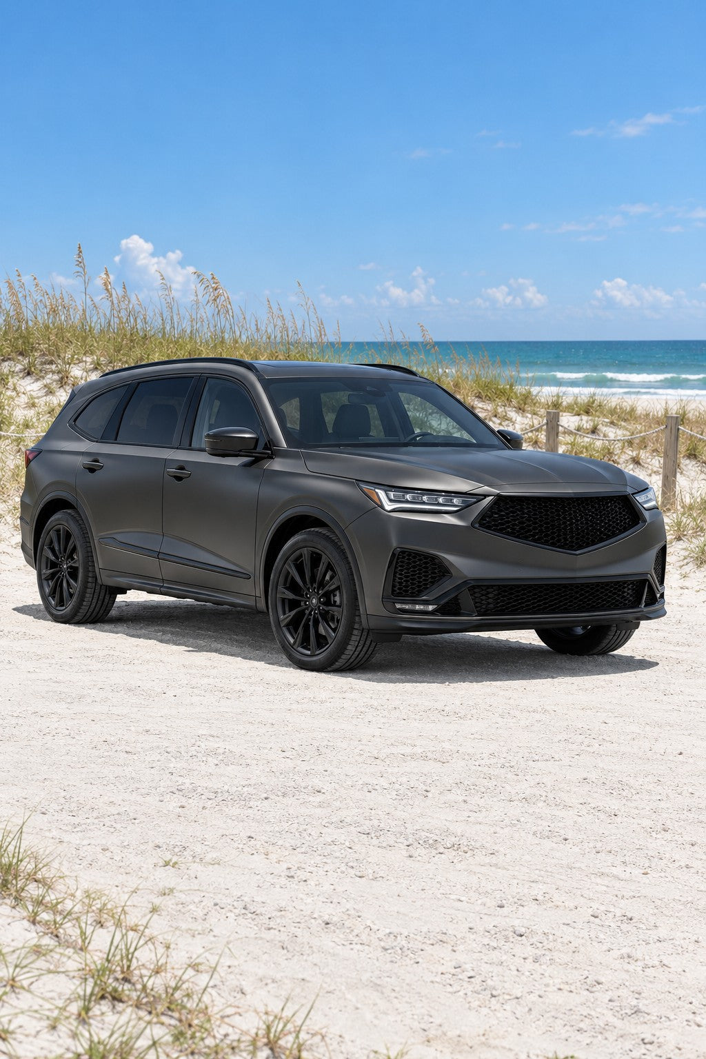 HIGHCOOL Satin Ceramic Black Color PPF, rendering of a wrapped car on location