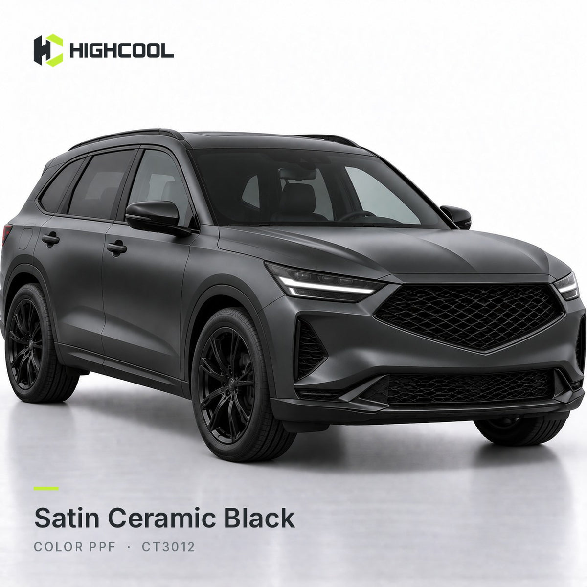 HIGHCOOL Satin Ceramic Black Color PPF (CT3012) on a car, studio rendering