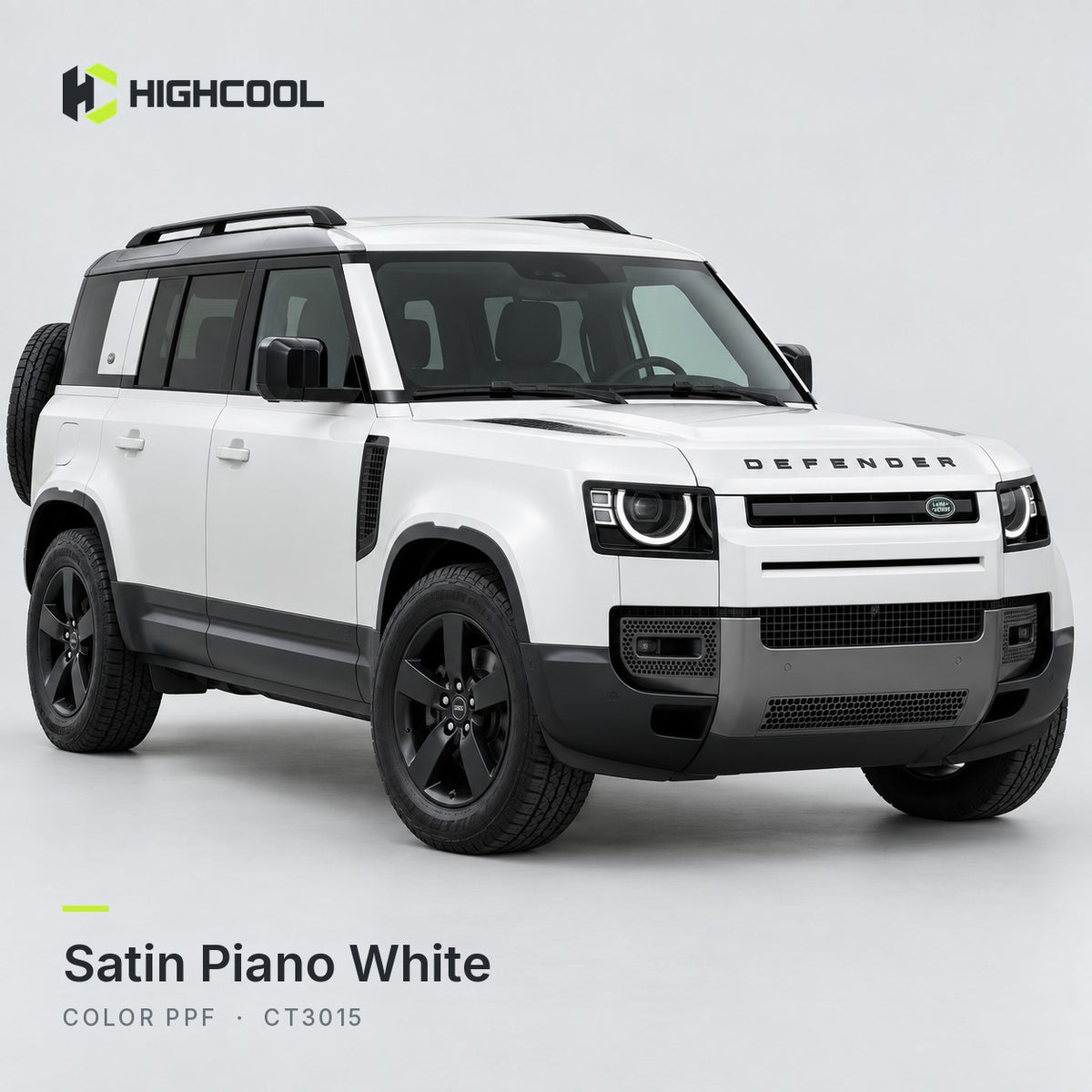 HIGHCOOL Satin Piano White Color PPF (CT3015) on a car, studio rendering