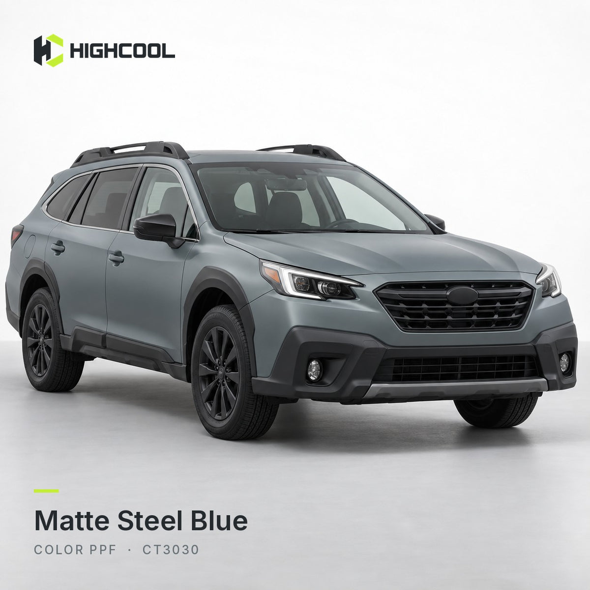 HIGHCOOL Matte Steel Blue Color PPF (CT3030) on a car, studio rendering