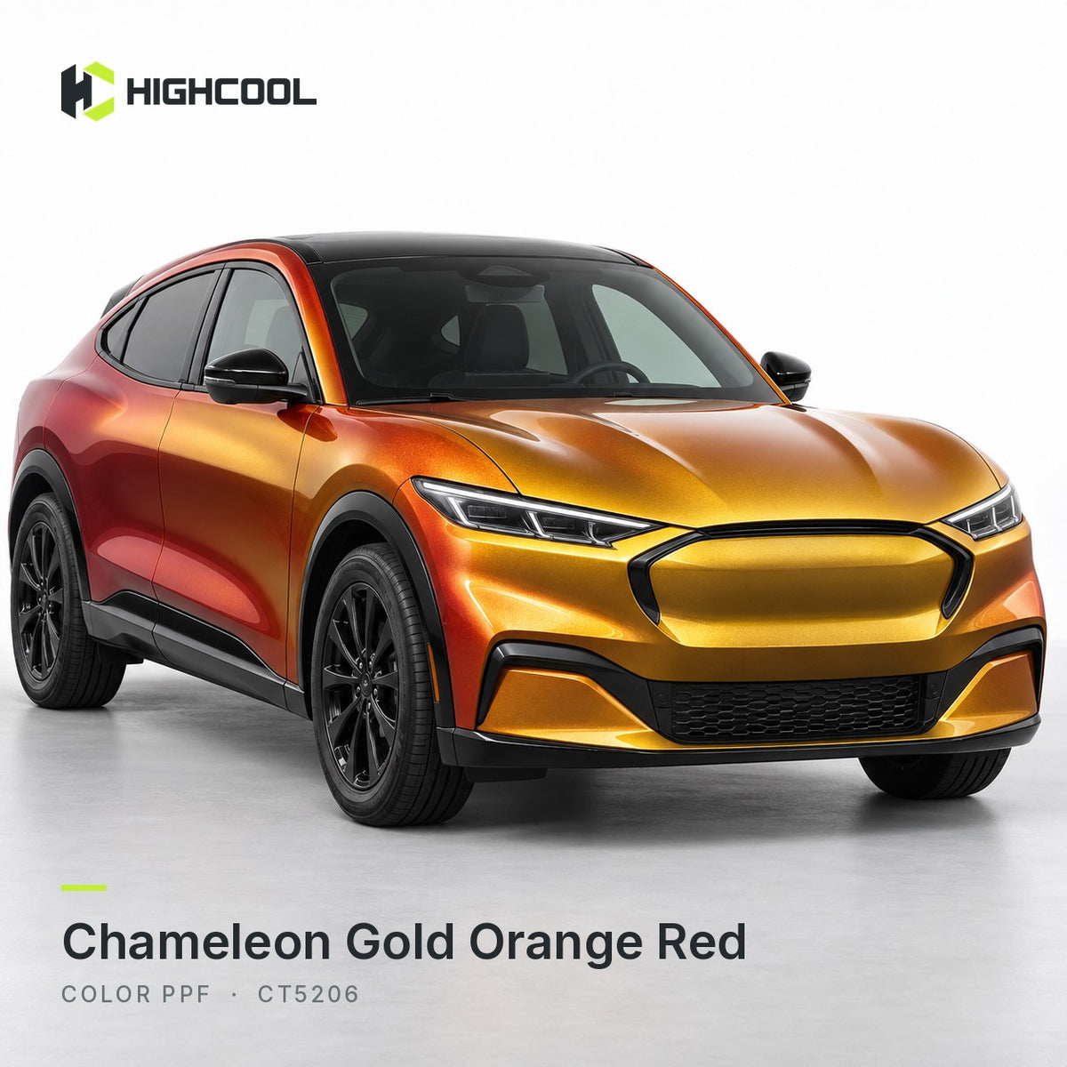 HIGHCOOL Chameleon Gold Orange Red Color PPF (CT5206) on a car, studio rendering