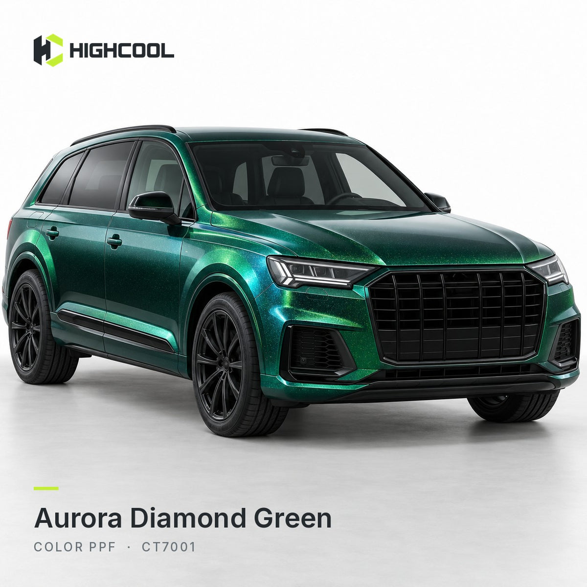 HIGHCOOL Aurora Diamond Green Color PPF (CT7001) on a car, studio rendering