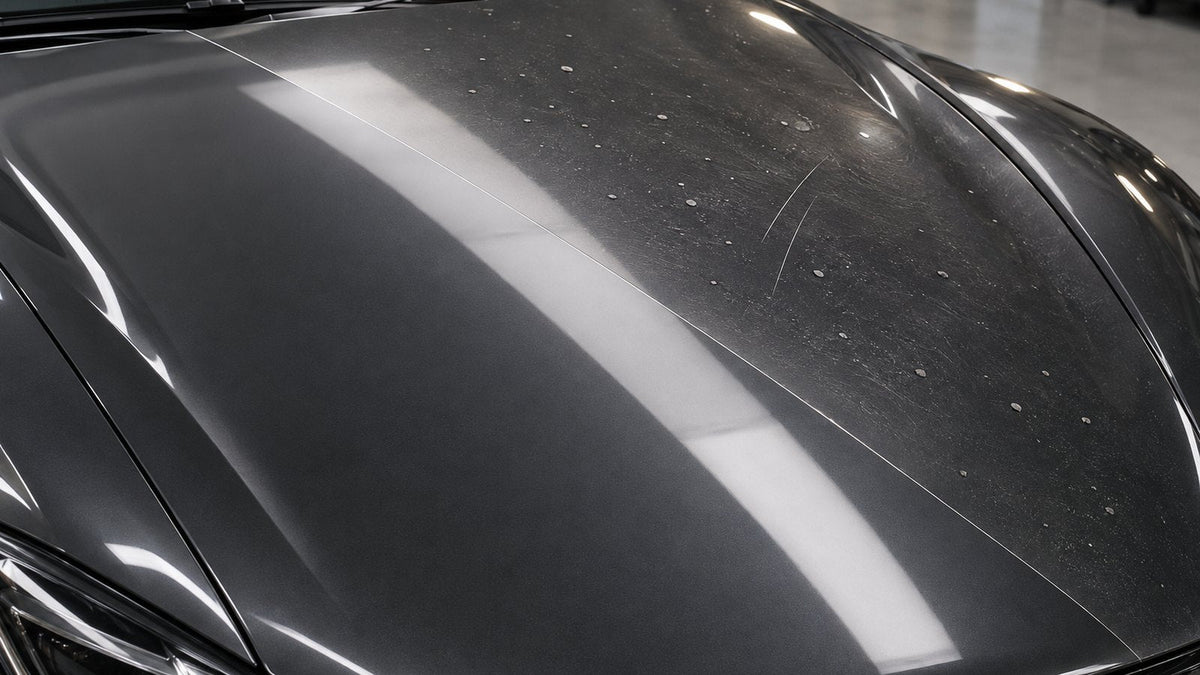 Clear PPF cut line on a car panel, one side protected, rendering