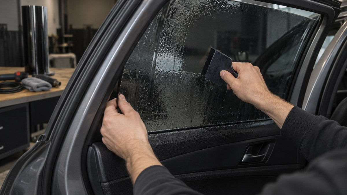 Installer squeegeeing window film on a car door glass, rendering
