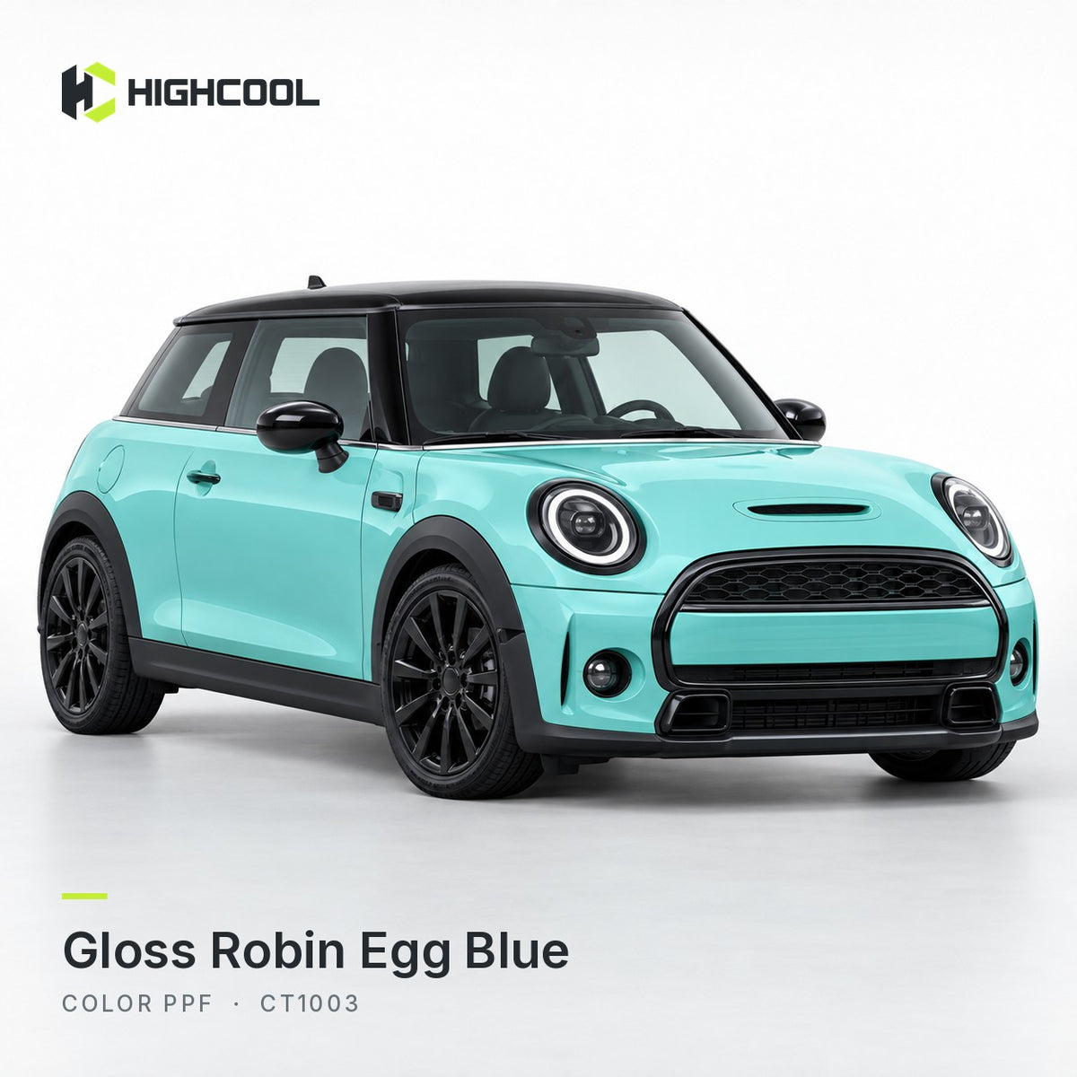 HIGHCOOL Gloss Robin Egg Blue Color PPF (CT1003) on a car, studio rendering