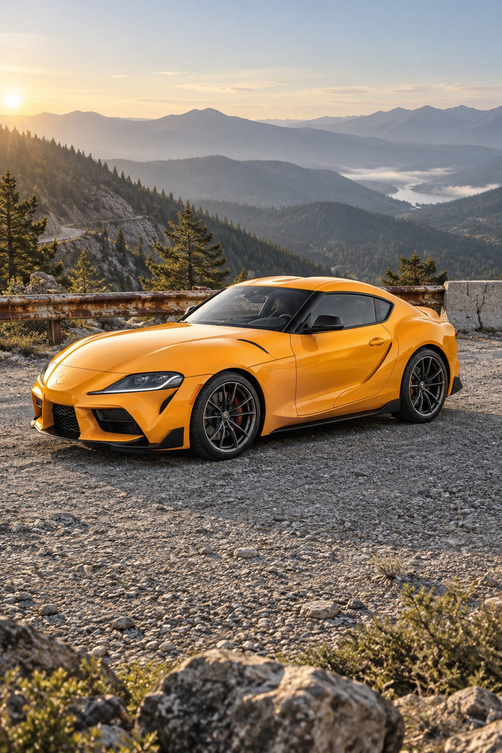 HIGHCOOL Gloss Papaya Orange Color PPF, rendering of a wrapped car on location