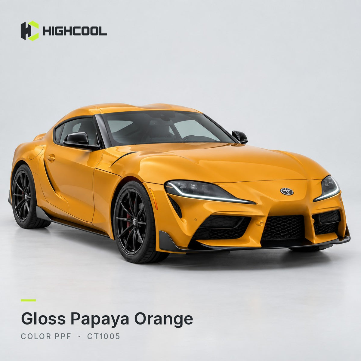 HIGHCOOL Gloss Papaya Orange Color PPF (CT1005) on a car, studio rendering
