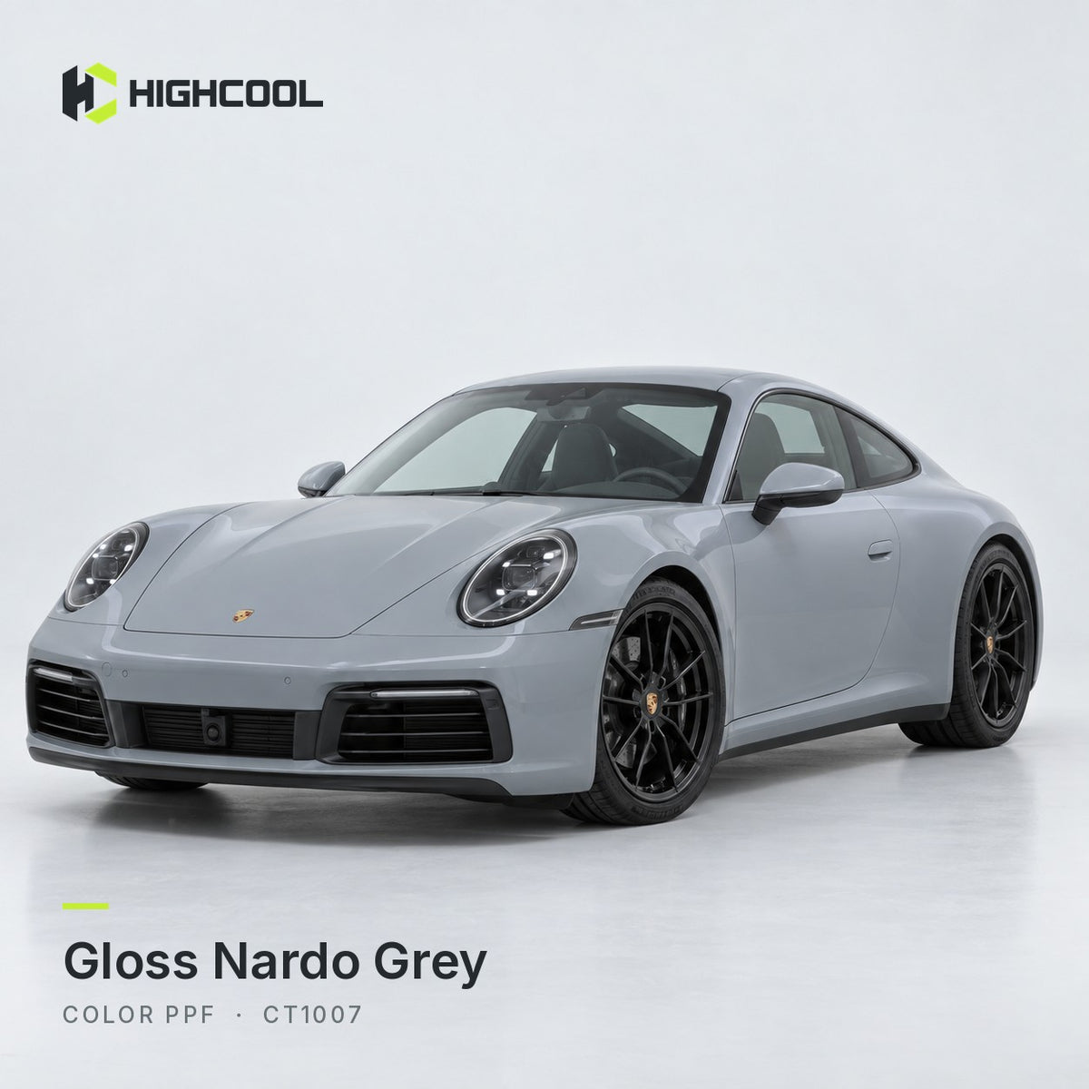 HIGHCOOL Gloss Nardo Grey Color PPF (CT1007) on a car, studio rendering