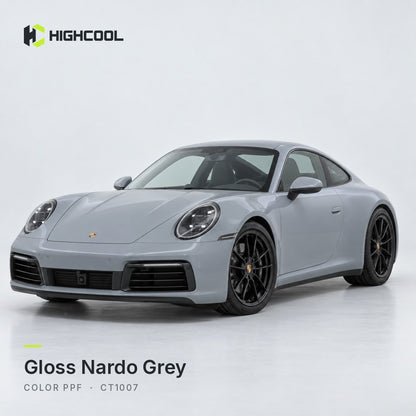 HIGHCOOL Gloss Nardo Grey Color PPF (CT1007) on a car, studio rendering