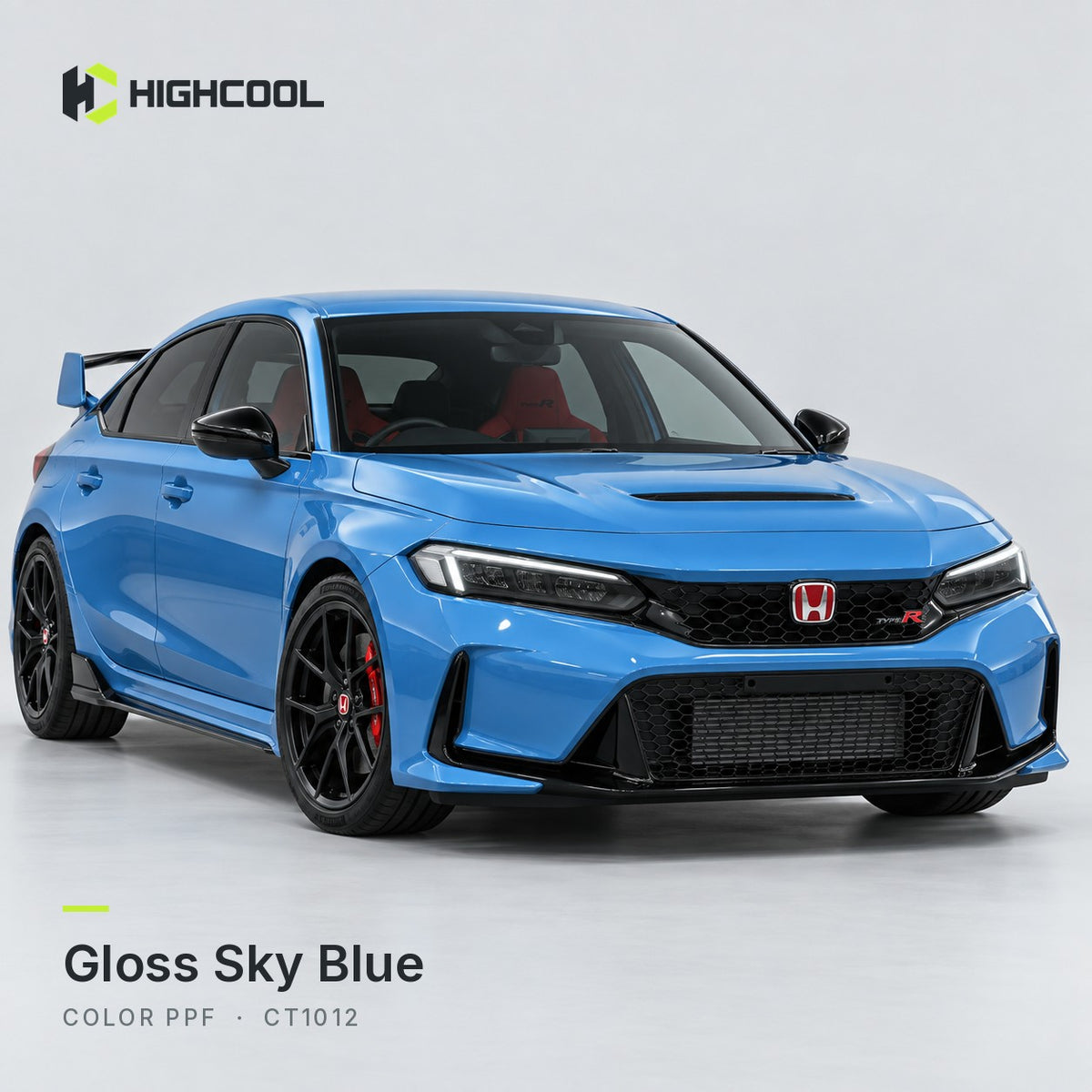 HIGHCOOL Gloss Sky Blue Color PPF (CT1012) on a car, studio rendering