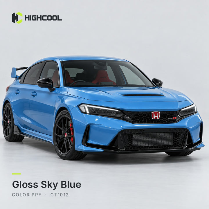 HIGHCOOL Gloss Sky Blue Color PPF (CT1012) on a car, studio rendering