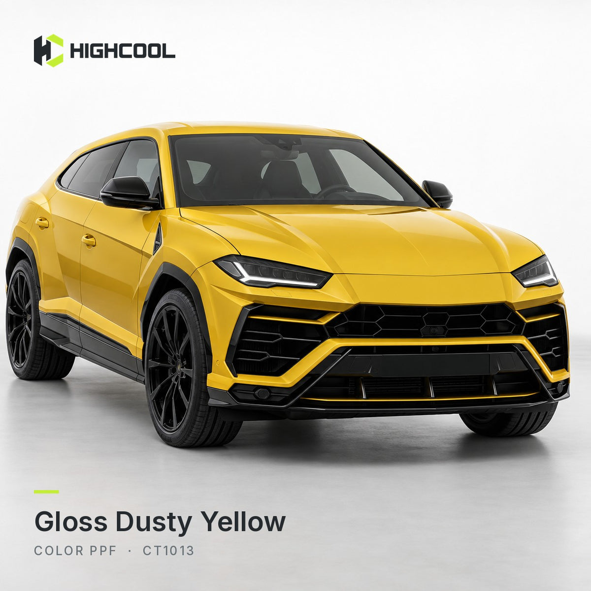 HIGHCOOL Gloss Dusty Yellow Color PPF (CT1013) on a car, studio rendering