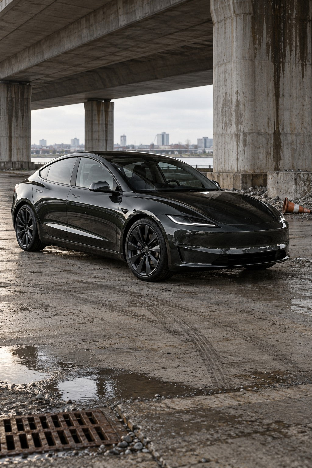 HIGHCOOL Gloss Piano Black Color PPF, rendering of a wrapped car on location