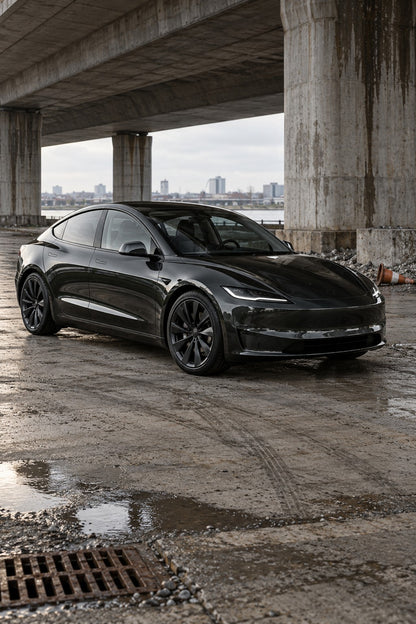 HIGHCOOL Gloss Piano Black Color PPF, rendering of a wrapped car on location