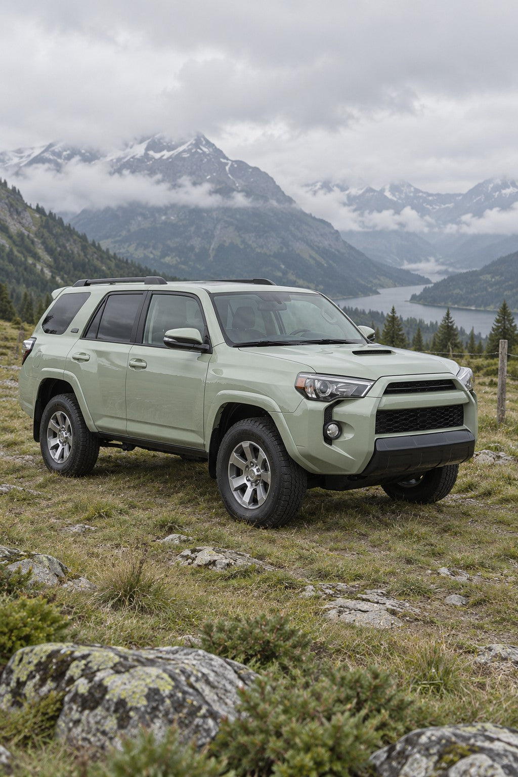 HIGHCOOL Gloss Khaki Green Color PPF, rendering of a wrapped car on location