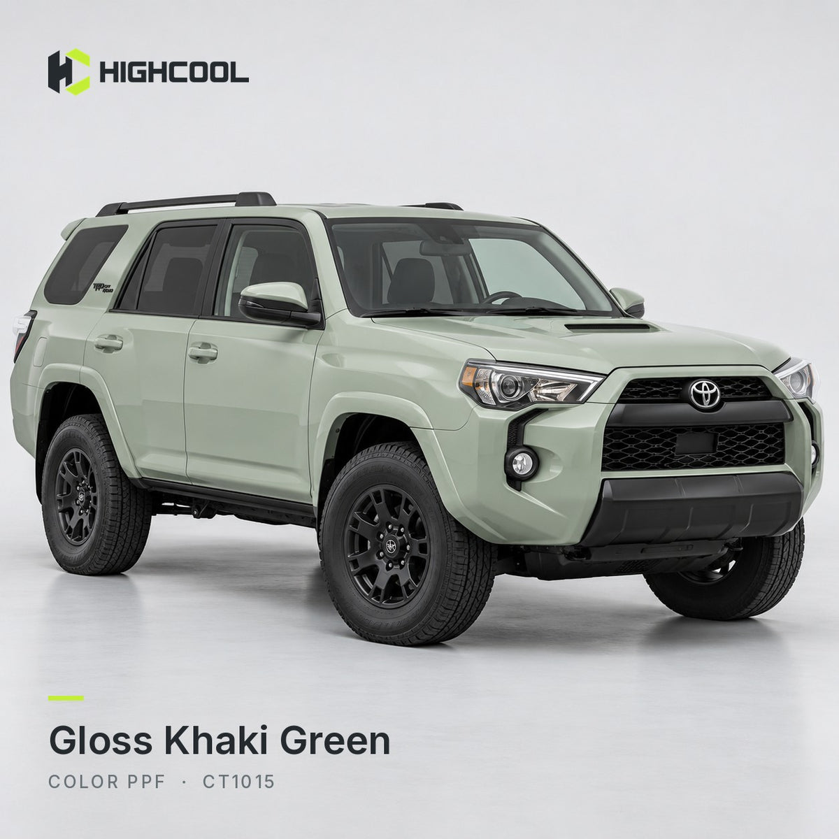 HIGHCOOL Gloss Khaki Green Color PPF (CT1015) on a car, studio rendering