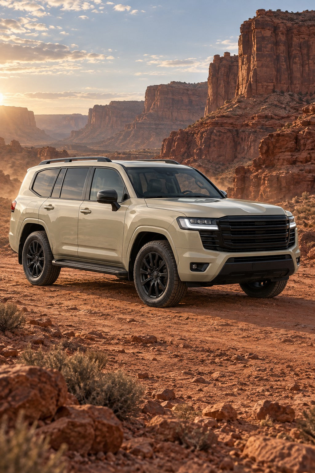 HIGHCOOL Gloss Khaki Beige Color PPF, rendering of a wrapped car on location