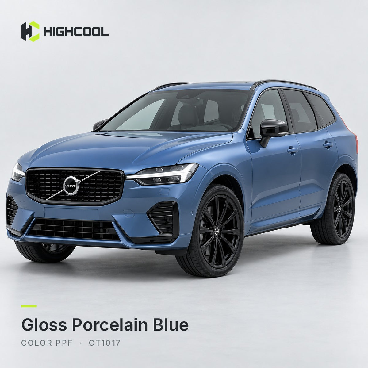 HIGHCOOL Gloss Porcelain Blue Color PPF (CT1017) on a car, studio rendering