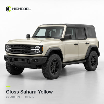 HIGHCOOL Gloss Sahara Yellow Color PPF (CT1019) on a car, studio rendering