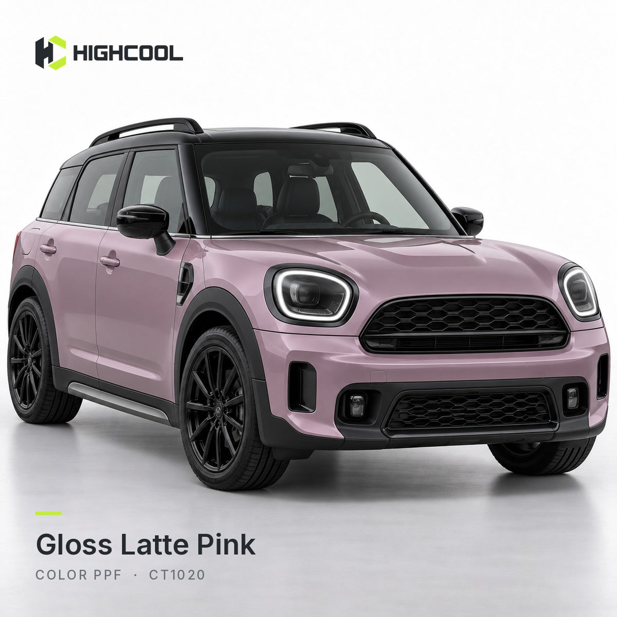 HIGHCOOL Gloss Latte Pink Color PPF (CT1020) on a car, studio rendering