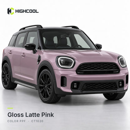 HIGHCOOL Gloss Latte Pink Color PPF (CT1020) on a car, studio rendering