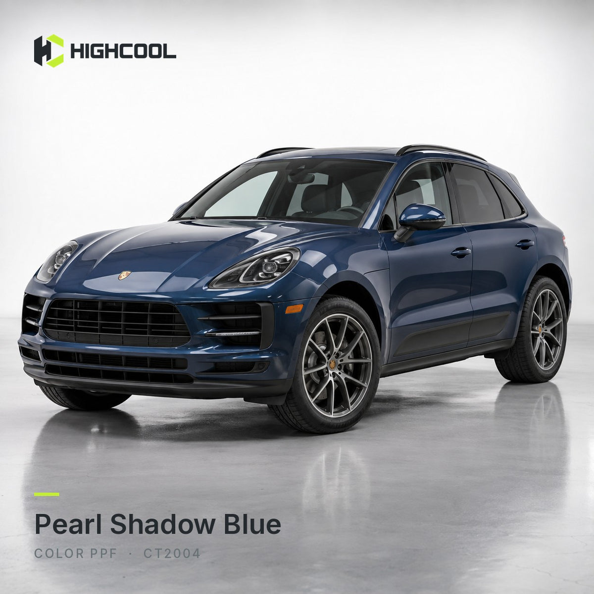 HIGHCOOL Pearl Shadow Blue Color PPF (CT2004) on a car, studio rendering
