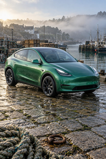 HIGHCOOL Pearl Emerald Green Color PPF, rendering of a wrapped car on location