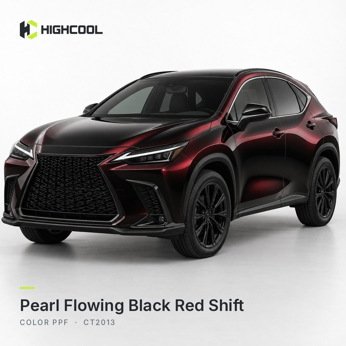 HIGHCOOL Pearl Flowing Black Red Shift Color PPF (CT2013) on a car, studio rendering
