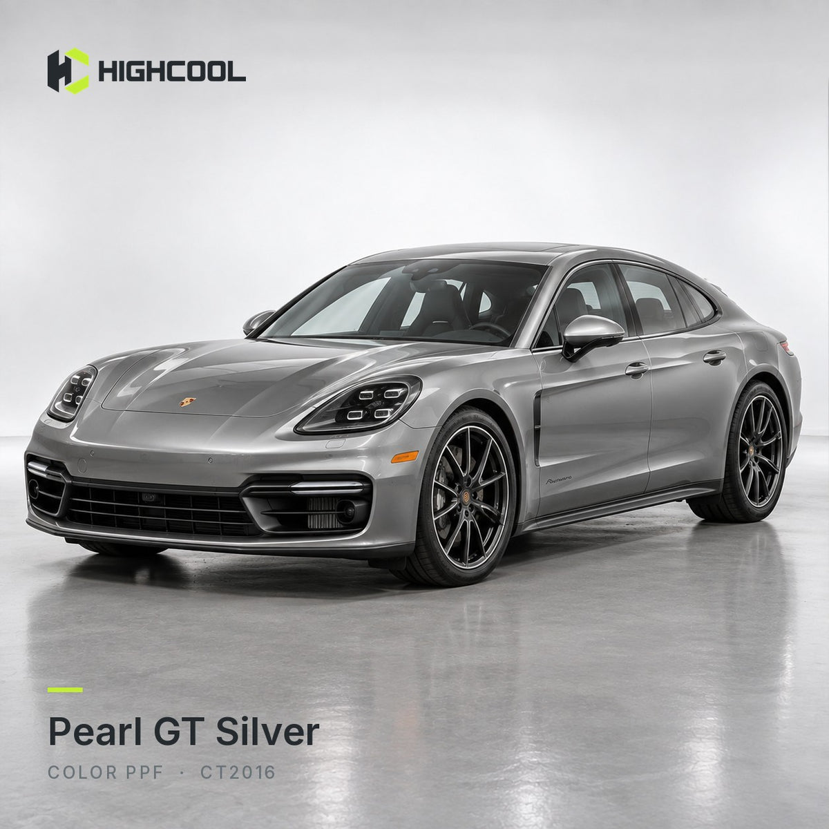 HIGHCOOL Pearl GT Silver Color PPF (CT2016) on a car, studio rendering
