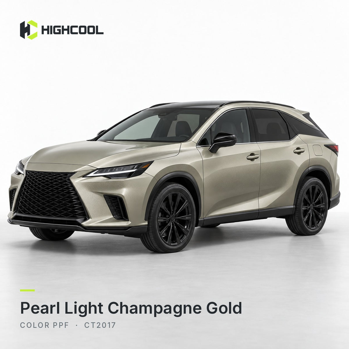 HIGHCOOL Pearl Light Champagne Gold Color PPF (CT2017) on a car, studio rendering