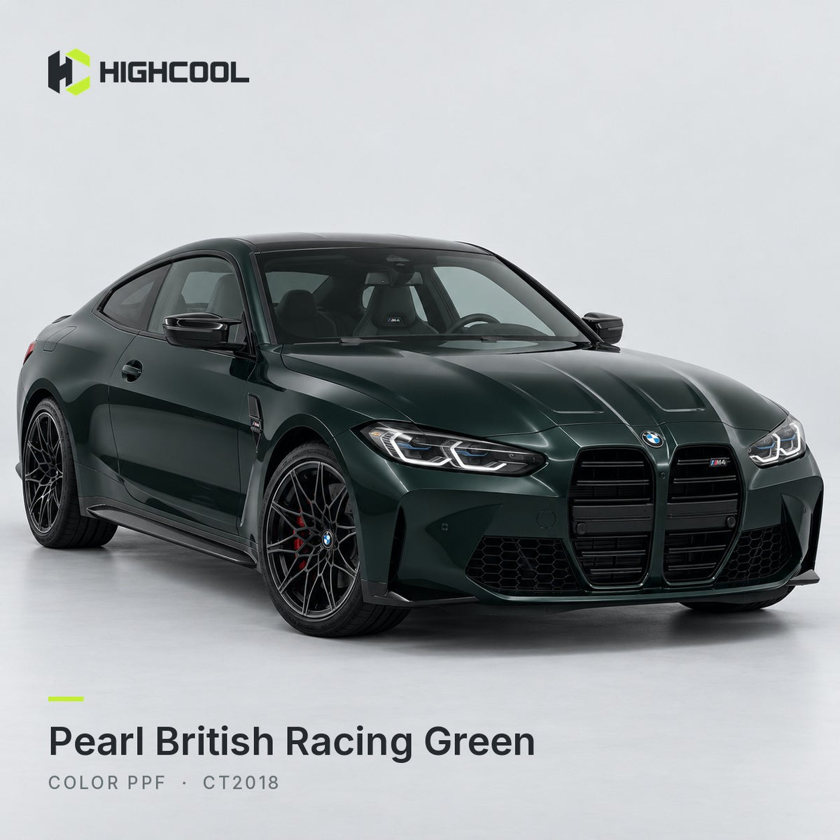 HIGHCOOL Pearl British Racing Green Color PPF (CT2018) on a car, studio rendering
