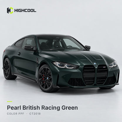 HIGHCOOL Pearl British Racing Green Color PPF (CT2018) on a car, studio rendering