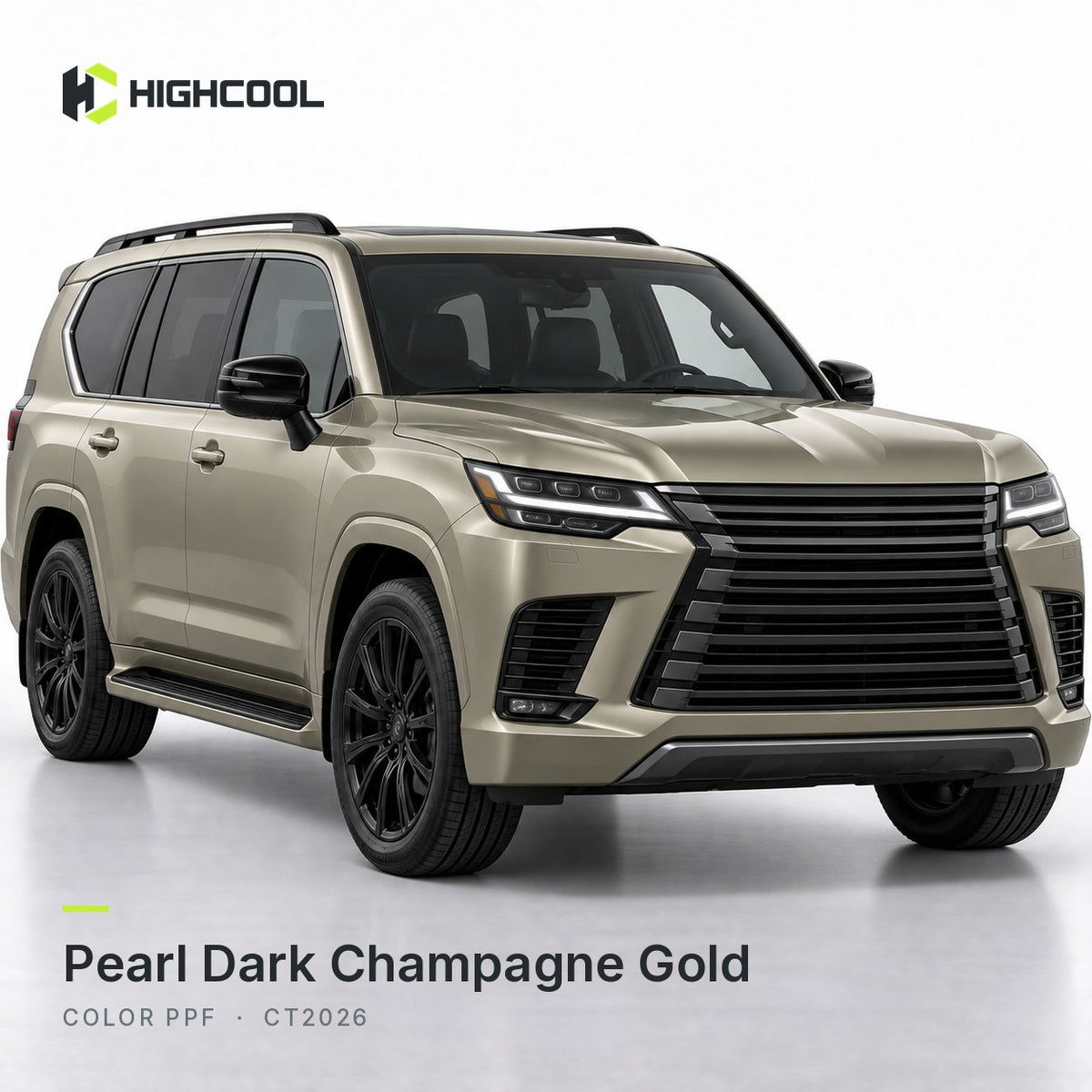 HIGHCOOL Pearl Dark Champagne Gold Color PPF (CT2026) on a car, studio rendering (second view)