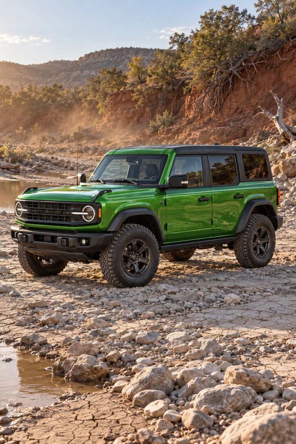 HIGHCOOL Pearl Forest Green Color PPF, rendering of a wrapped car on location