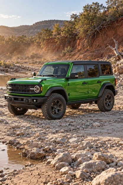 HIGHCOOL Pearl Forest Green Color PPF, rendering of a wrapped car on location