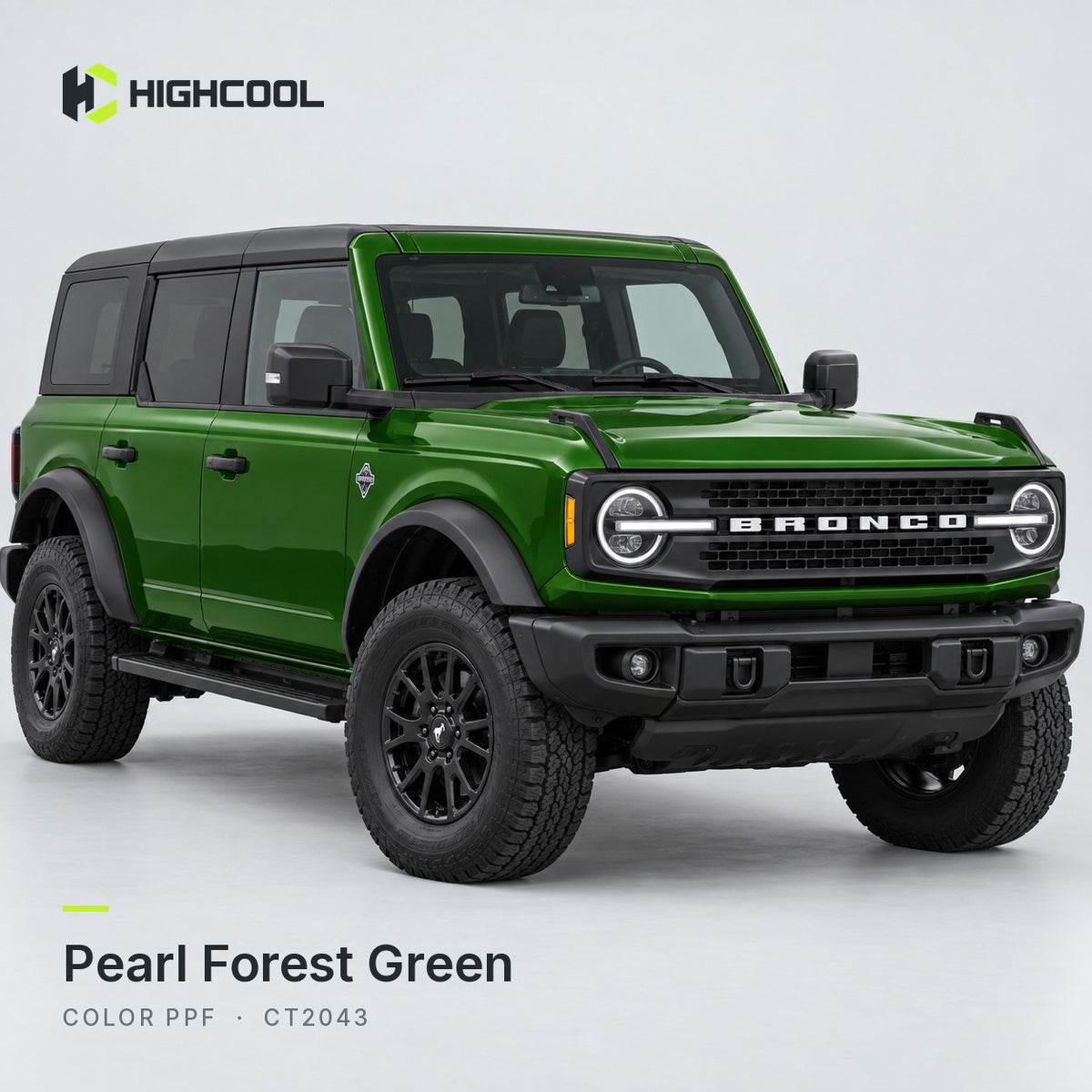 HIGHCOOL Pearl Forest Green Color PPF (CT2043) on a car, studio rendering