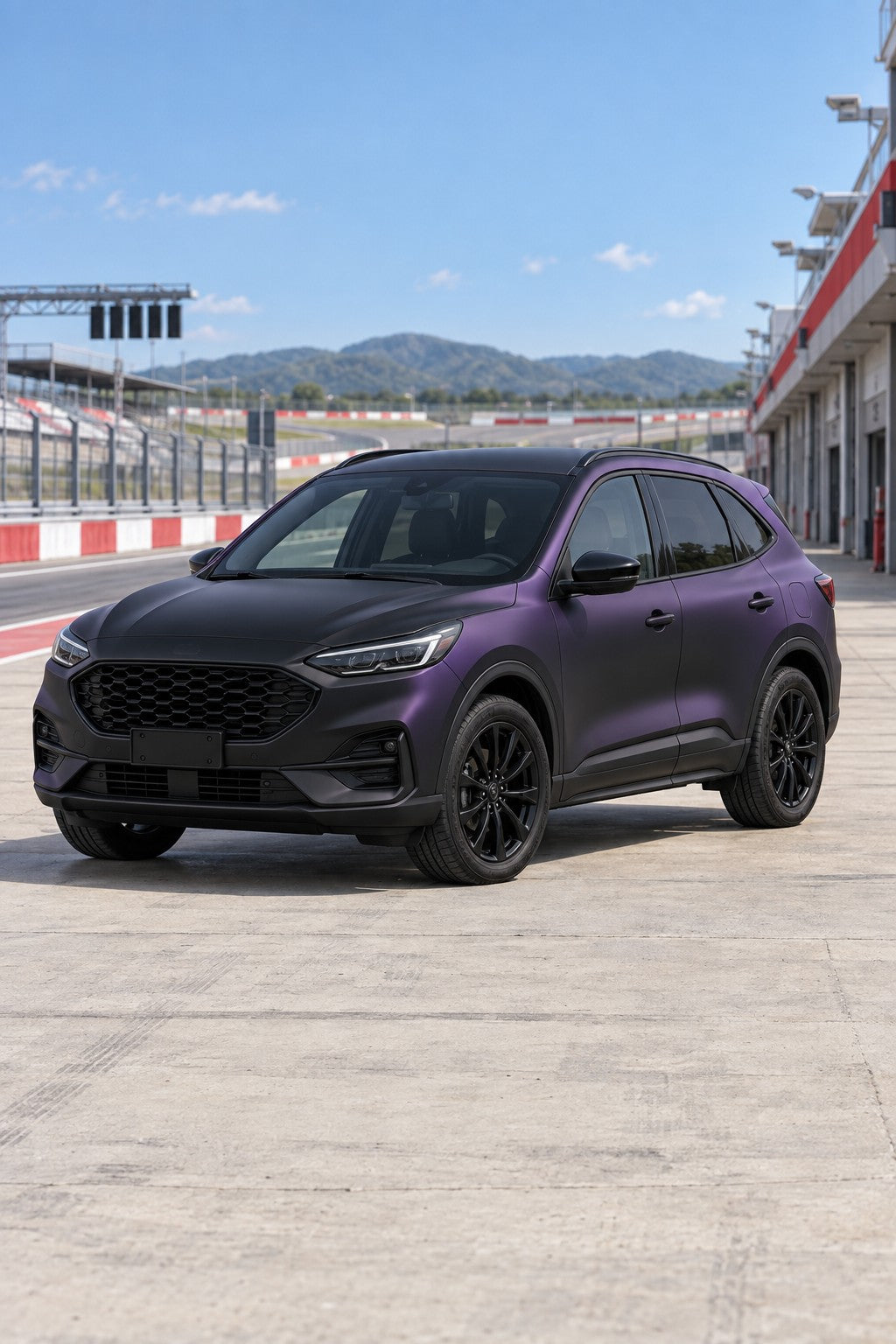 HIGHCOOL Ultra Matte Black Purple Shift Color PPF, rendering of a wrapped car on location
