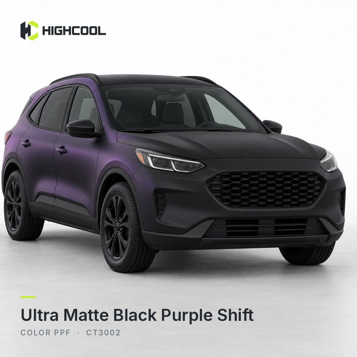 HIGHCOOL Ultra Matte Black Purple Shift Color PPF (CT3002) on a car, studio rendering