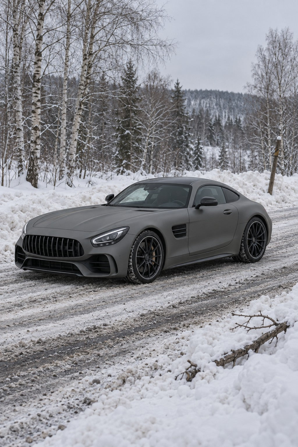 HIGHCOOL Ultra Matte Mountain Grey Color PPF, rendering of a wrapped car on location