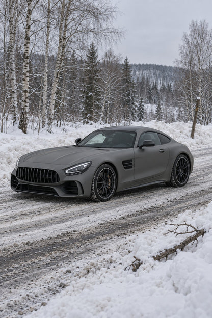 HIGHCOOL Ultra Matte Mountain Grey Color PPF, rendering of a wrapped car on location